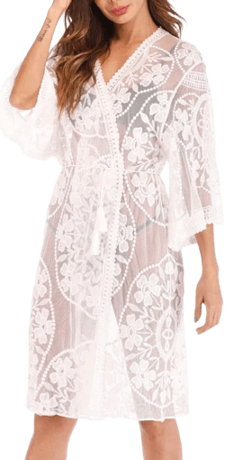 Women Summer Hollow Out Cover-Ups Lace Beach Sunscreen Cardigan Beachwear Sexy Long Sleeve Swimsuit (White, One Size)