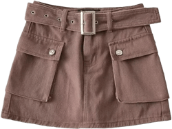 Women's High-Waist Flap Pocket Y2k Skinny Denim Cargo Short Skirt with Belt Medium Brown