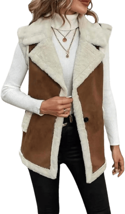 chouyatou Women's Winter Faux Suede Leather Vest Button Up Fuzzy Fleece Sleeveless Sherpa Jacket with Pockets Large Brown