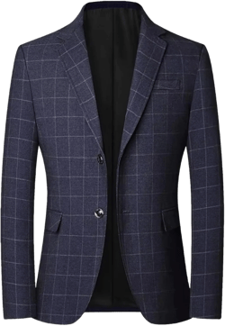 Men's Blue Plaid Blazer Jacket Slim Fit Casual Suit Coat Spring Autumn