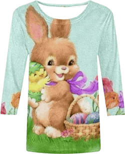 Women's Cute Easter Shirts Funny Bunny Rabbit Print Easter Day T-Shirt Blouse 3/4 Sleeve T-Shirt Tunic Tops A08-light Blue Large