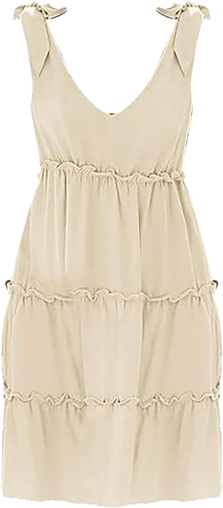 Womens Casual V Neck Sleeveless Dress 2024 Tie Shoulder Tiered Ruffle Swing A Line Summer Outfits Beige Large