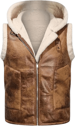Mens Winter Vests Outerwear Hooded Fleece Lined Faux Leather Chunky Casual Vest Jacket Plus Size Coat With Pocket Large Brown
