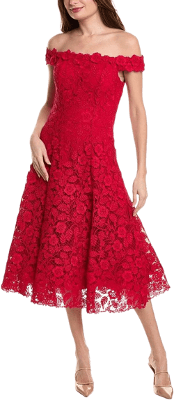 Teri Jon Women's Red Floral Lace Midi Dress