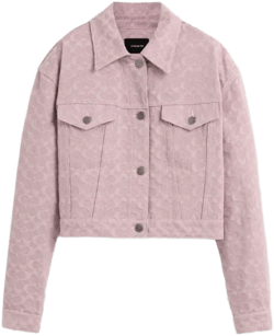 COACH Women's Pink Restored Cropped Signature Jacquard Denim Jacket