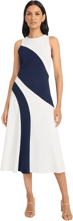 Maggy London Women's Sleeveless High Neck Wave Pattern Midi-Structured Fitted Bodice with A-line Flare-Wedding Guest Dress 14 Ivory/Navy Blazer
