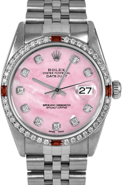 Pre-Owned Rolex 16014 Men's 36mm Datejust Wristwatch Pink Mother of Pearl Diamond (3 Year Warranty)