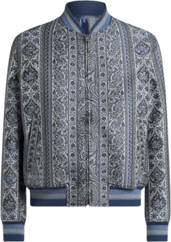 Bomber Jacket With Floral And Medallion Motif In Navy Blue