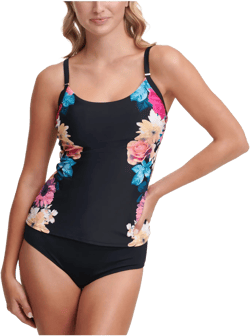 CALVIN KLEIN Women's Black Floral Stretch Scoop Neck Removable Cups Adjustable Tankini Swimsuit Top S