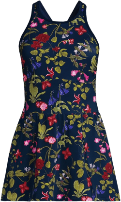 Lands' End Women's Long Tugless High Neck Swim Dress Swimsuit - 10 - Deep Sea Multi Garden Floral