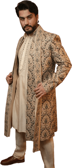 Beige Tussar Silk Floral Embroidered Sherwani Set