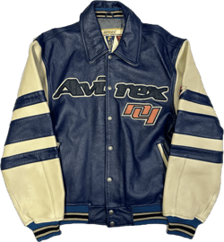 Avirex Goalers Leather Jacket In Navy & Beige ( S )