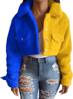 Amy Fashion - Yellow Blue Color Block Spliced Crop Jackets