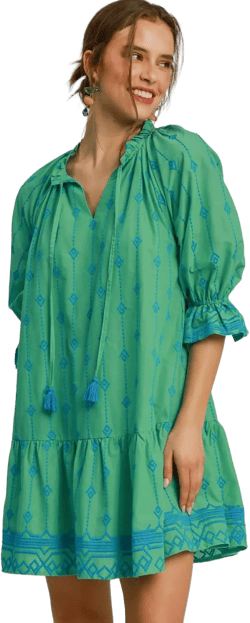 Umgee Full Size Tassel Embroidered Flounce Sleeve Mini Dress Plus Size
