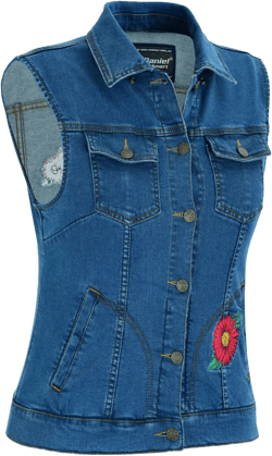 DM Women's Blue Denim Snap Front Vest with Red Daisy