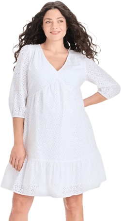 Bishop 3/4 Sleeve Mini Maternity Eyelet Dress - Isabel Maternity by Ingrid &#38; Isabel&#8482; White M: Cotton Lace, V Neck, Tiered Skirt