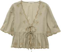 AE Embroidered Tie Front V-Neck Blouse
