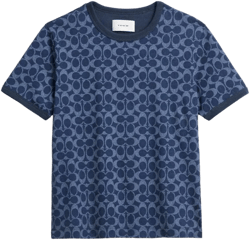 COACH Women's Blue Signature Ringer T Shirt In Organic Cotton