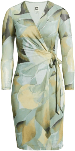 Anne Klein Women's Green Botanical Print Long Sleeve Mesh Wrap Dress