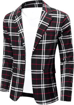 NOVOCCT Men's Plaid Slim Fit Blazer Jacket, Lightweight 2-Button Casual Sport Coat, Formal & Everyday Blazer for Men Black White Medium