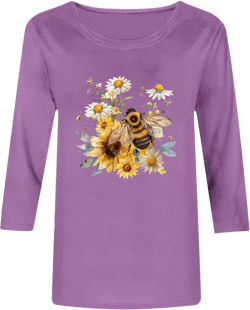 Floral Animal Print Shirts for Women Cute Funny 3/4 Sleeve Tunic Tops Casual Tshirt Crewneck Blouse Bee Festival Tee Purple Large