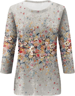 3/4 Length Sleeve Womens Tops Spring 2025 Floral Print Round Neck Shirts Casual Basic Tee Fit Tunic Tops Blouse X-Large 15# Grey