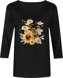 Floral Animal Print Shirts for Women Cute Funny 3/4 Sleeve Tunic Tops Casual Tshirt Crewneck Blouse Bee Festival Tee Black Small