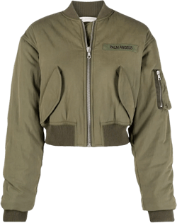 Army Green Cropped Cotton-blend Bomber Jacket