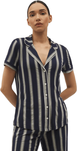 Women's Cool Nights Piped Short Sleeve Notch Collar Pajama Top In Blue Size Large |  Mother's Da In Hampton Stripe Na Champ