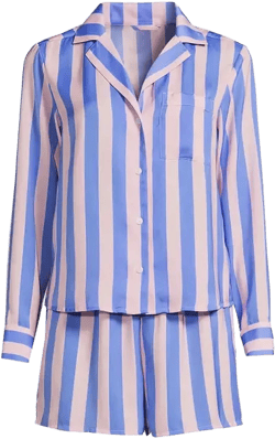 Plus Size Matte Satin 2 Piece Pajama Set In Light Rose Pink/brisk Blue