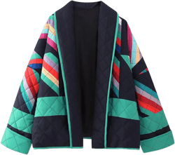 Womens Color Block Quilted Jacket Long Sleeve Open Front Lightweight Puffer Jacket Floral Printed Patchwork Cardigan Style1 X-Large