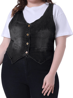 Agnes Orinda Plus Size Denim Vest Top for Women Button Down Waistcoat Casual Sleeveless Jean Jacket Vests 1X Black