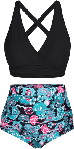 Women's Plus Size Halter V Neck Bikini Swimsuits High Waisted Ruched Tummy Control Swimwear