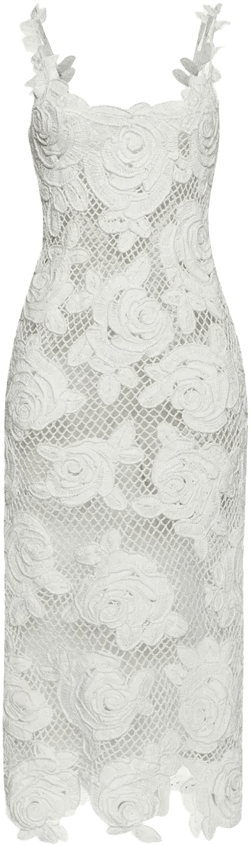 rose-embroidered crochet-knit midi dress