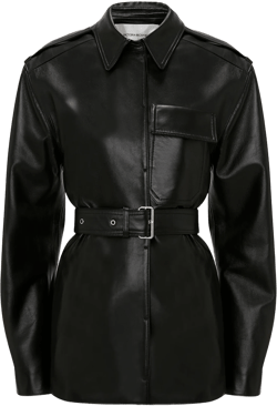 Belted Boxy Leather Jacket In Black
