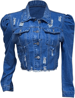 AMEBELLE Jean Jacket for Women Long Puff Sleeve Distressed Crop Denim Jackets Top X-Large Dark Blue