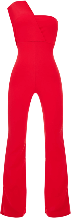 Red One Shoulder Drape Detailed Jumpsuit