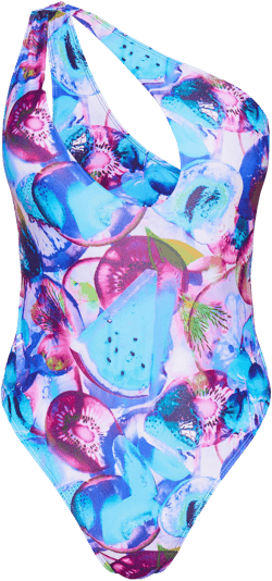 Blue Blurred Fruit Print One Shoulder Cut Out Swimsuit