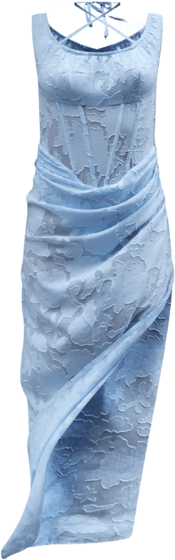 Light Blue Floral Flocked Corset Drape Detail Maxi Dress
