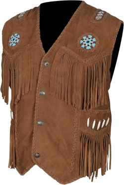 Men’s Western Cowhide Suede & Leather Vest – Beaded Fringe Yoke & Back Native-Inspired Cowboy Biker Vest X-Large Brown Suede & Turquoise Beads