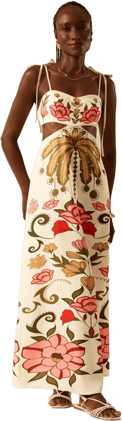 CAJUNI Women Bohemian Tropical Colorful Coconut Trees & Floral Print Sleeveless Tie Front Cropped Long Dress, Casual Vacation Sundress