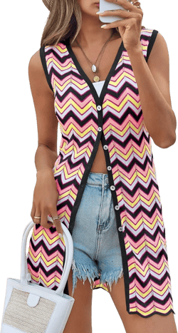 Saodimallsu Womens Long Sleeveless Sweater Vest Summer Lightweight Striped Trendy Button Down V Neck Knit Cardigans