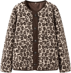 Perbai Womens Cheetah Printed Fuzzy Fleece Jacket Casual Corduroy Button Down Long Sleeve Sherpa Coat