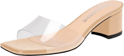 WAYDERNS Women's Slip On Open Square Toe Clear Chunky Heeled Sandals 2 Inch