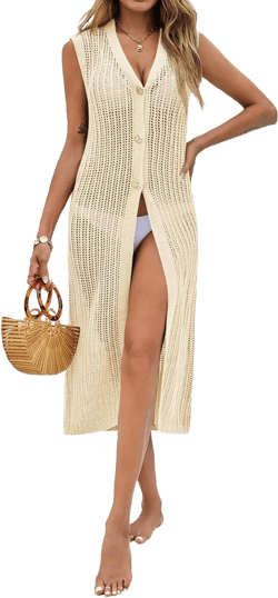 Saodimallsu Womens Crochet Beach Cover Up Summer Sleeveless Sweater Vest Knit Button Up Long Cardigans