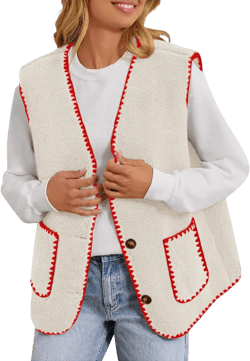 Yeokou Womens Fleece Sherpa Vest Contrast Trim V Neck Button Down Fall Winter Warm Fuzzy Outwear Vests with Pockets