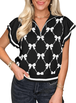 Saodimallsu Womens Ruffle Short Sleeve Knit Tops Summer Quarter Zip Cute Bow Print V Neck Collared Sweater Vest