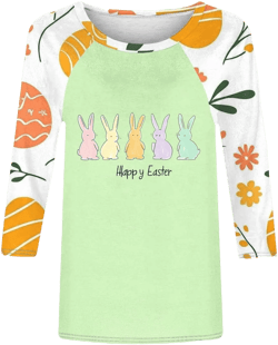 Women's Happy Easter Shirt 3/4 Sleeve Tops Funny Rabbit Graphic Colored Eggs Print Tee T-Shirts Easter Day Gifts