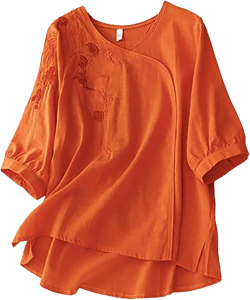 Women 3/4 Sleeve Cotton Linen Tops Shirts Vintage Floral Embroidered Tees Trendy Elegant Blouses Ladies Clothes 100% Amazon Essentials-1*orange Large