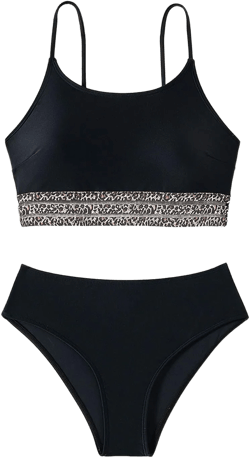 Women's Two Piece Spaghetti Strap Top Round Neck Mid Waist Bottom Bikini Set Sexy Bathing Swimsuits Large Black